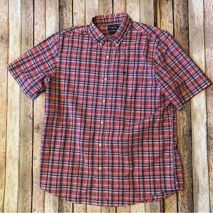Chaps Easy Care Men’s XL Short Sleeve Button Down Red White & Blue Plaid Logo